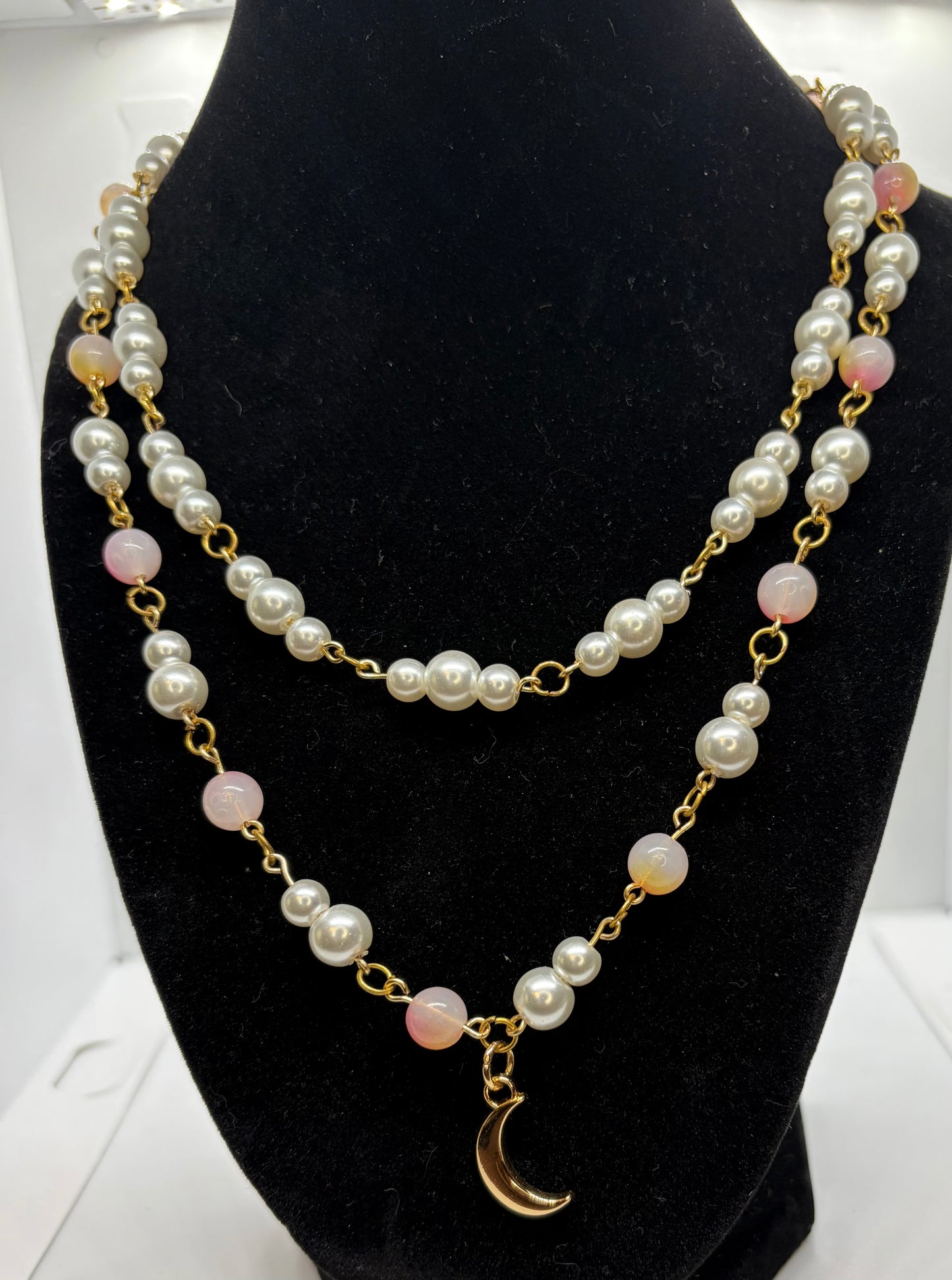 Luna Pearl Moon Necklace – Double Layer Pearl & Pink Beaded Necklace